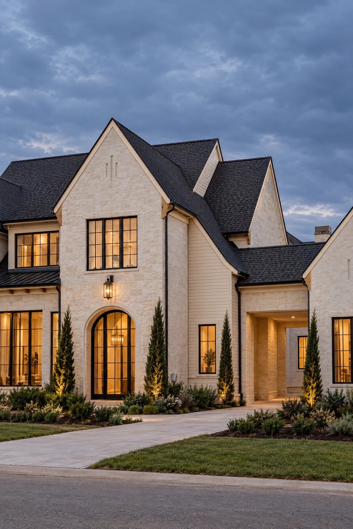 Conceptual image of an ivory home with gabled roofs and warm windows beneath a blue-gray evening sky.